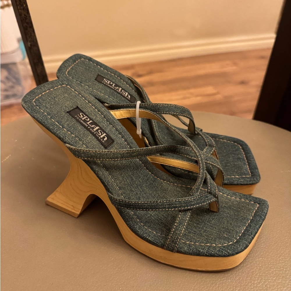 Y2K Vintage Splash Denim Wooden Heel Sandals
